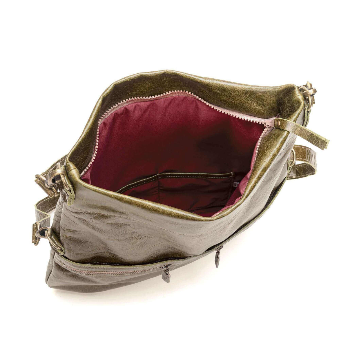  Mini Lauren 6-in-1 convertible leather crossbody bag in olive green with adjustable strap and zippered pockets. Inside of bag shown.